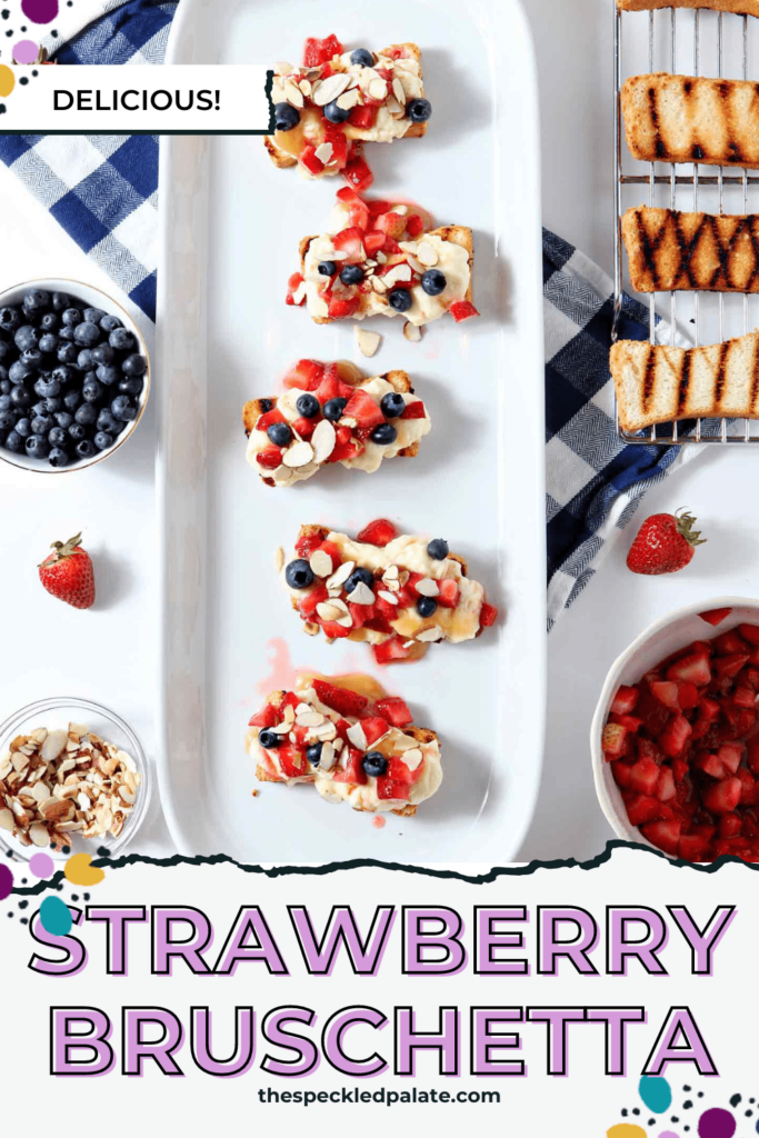 strawberry angel food dessert on a white plate with blueberries in a bowl with the text strawberry bruschetta