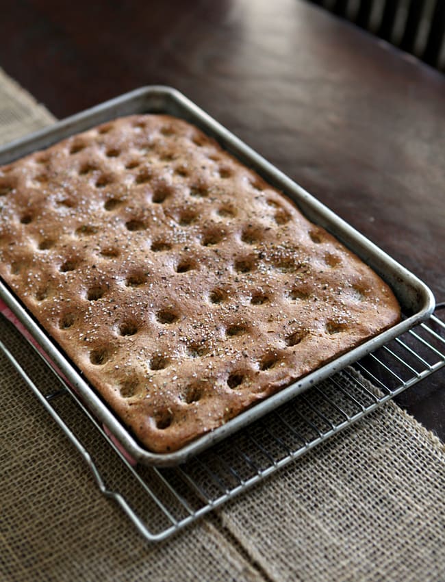 Whole Wheat Italian Focaccia Bread in metal baking pan 