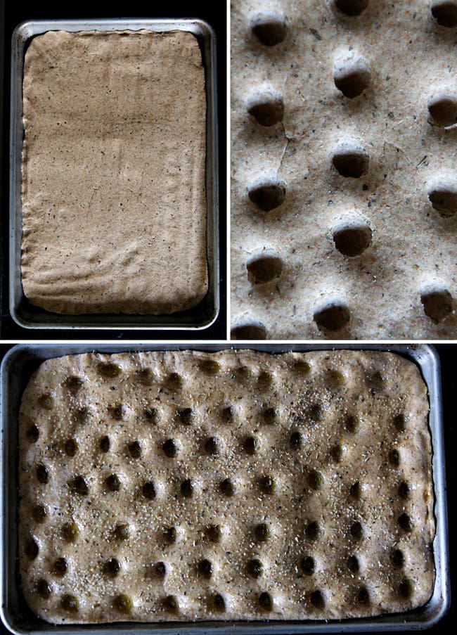 Collage of images of wheat focaccia bread in pan 