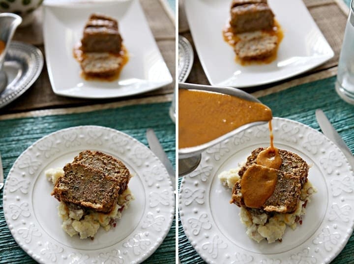 Collage of images with gravy pouring onto meatloaf on plate 