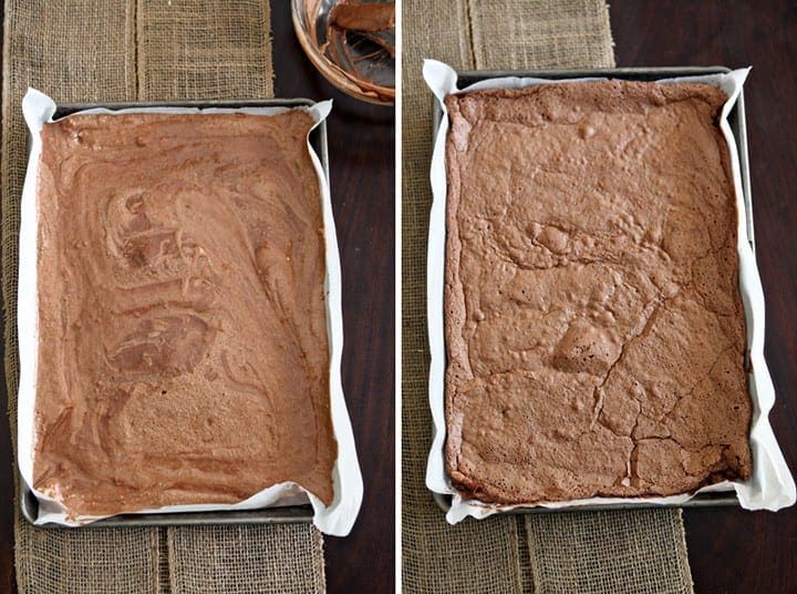 Overhead close up of two baking sheets filled with chocolate sponge cake 