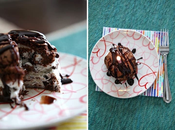 Two different angles of mini stacked ice cream birthday cake on plate 