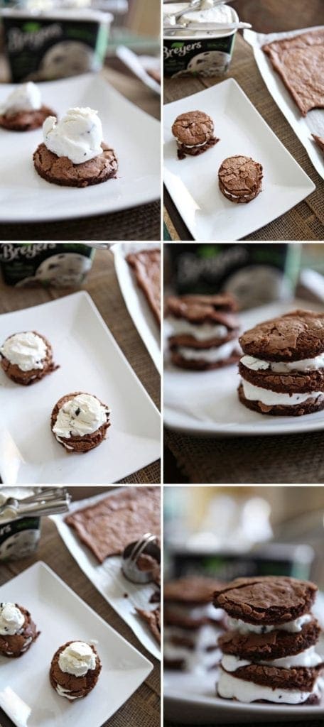 Collage of images with stacked ice cream cakes on white serving plate 