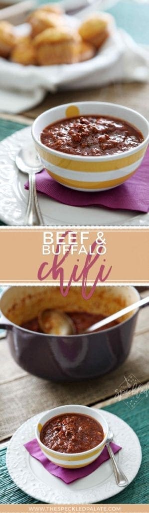 Bowl of Beef and Buffalo Chili on purple napkin 