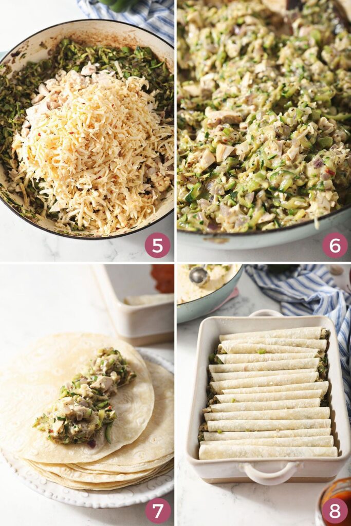 Collage showing how to make a fill zucchini enchiladas