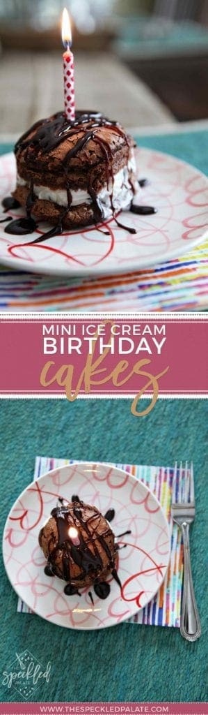 Info Graphic of mini ice cream birthday cake on plate with hearts 