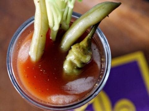 Overhead view of bloody maria with garnishes