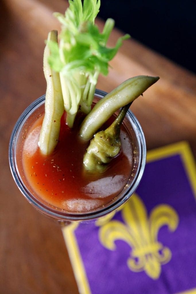 Overhead view of bloody maria with garnishes 