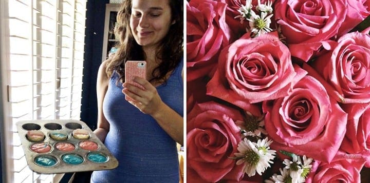 Two pictures of woman holding blue and pink cupcakes next to pink roses 