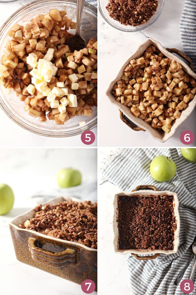 Collage showing how to spice and flavor the apples and how to bake an apple crumble