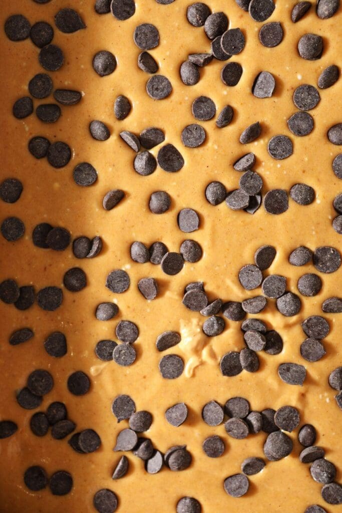 Close up of raw Pumpkin Cheesecake Bars with chocolate chips on top before baking