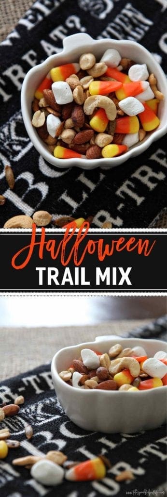 Halloween Trail Mix in white pumpkin bowl 