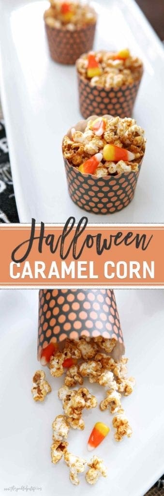 Collage showing different angles of caramel corn with candy corn inside it with the text halloween caramel corn