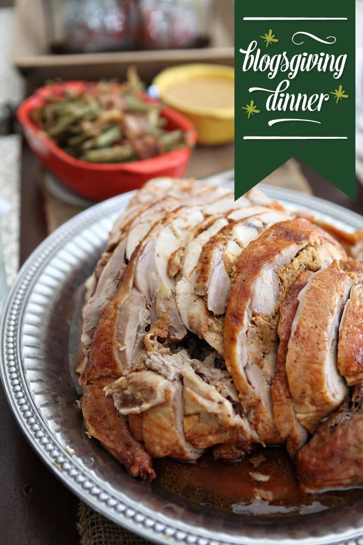 Close up of sliced Turducken on platter 