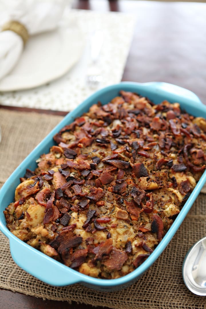 Bacon and Baguette Stuffing in blue baking dish 