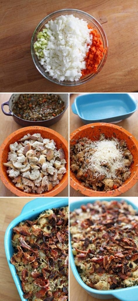Bowls and baking dish filled with stuffing ingredients 