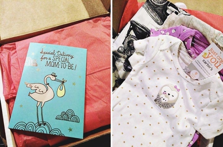 Package of baby clothes and card 