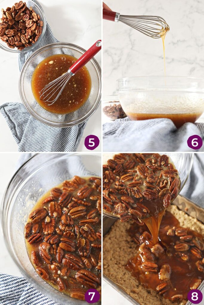 Collage showing how to combine the filling for the pecan bars