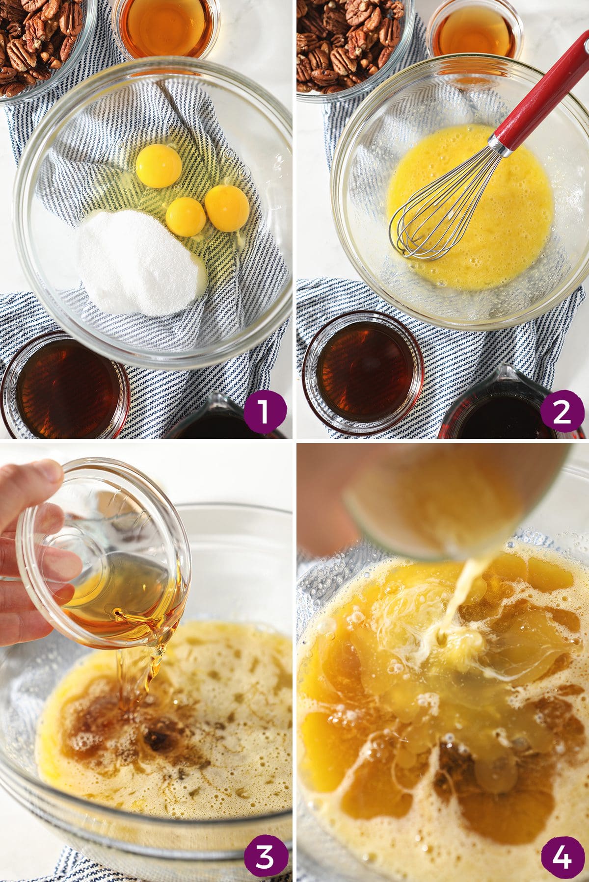 Collage showing how to make the filling for the pecan bars
