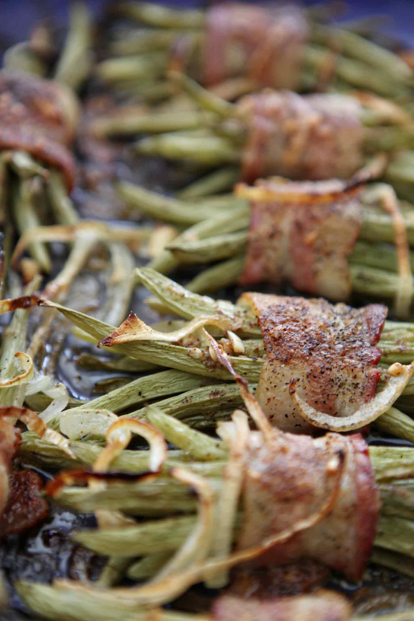 Close up of final baked Green Bean Bacon Bundles