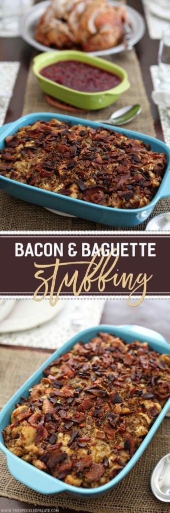 Bacon and Baguette Stuffing in blue baking dish on wood board 