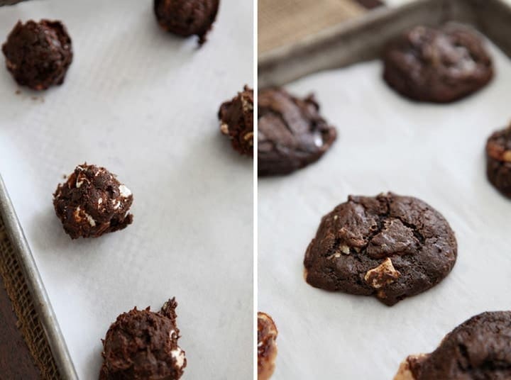 Collage of two images showing Mississippi Mud Cookies before baking on a baking sheet and after on parchment