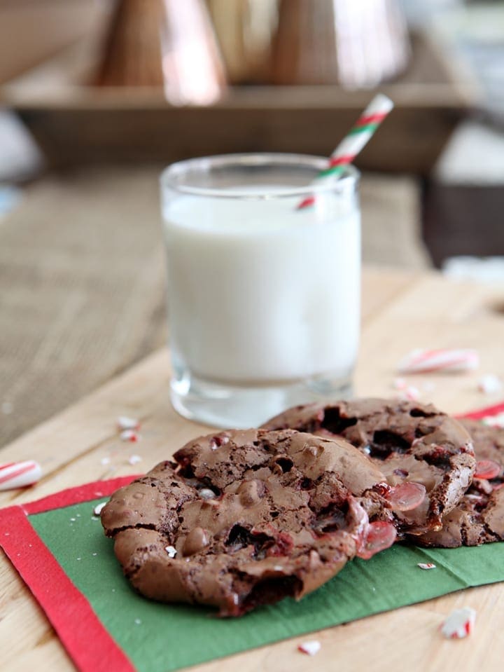 Slightly sweet, chewy Peppermint Brownie Cookies are bursting with candy cane chunks. They are the perfect gluten free dessert for the holidays!