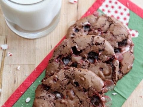 Slightly sweet, chewy Peppermint Brownie Cookies are bursting with candy cane chunks. They are the perfect gluten free dessert for the holidays!