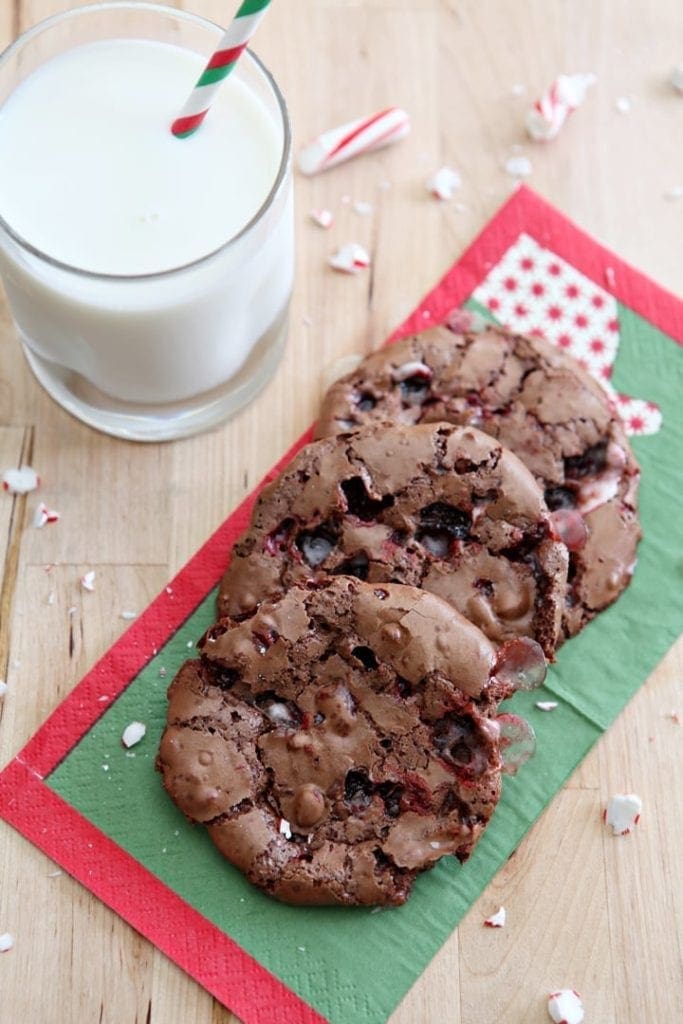 Slightly sweet, chewy Peppermint Brownie Cookies are bursting with candy cane chunks. They are the perfect gluten free dessert for the holidays!