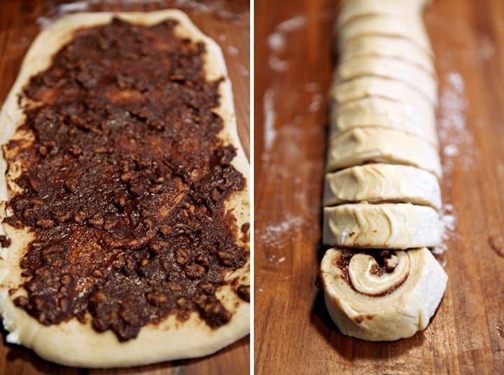 Uncooked walnut sticky buns on wood board 