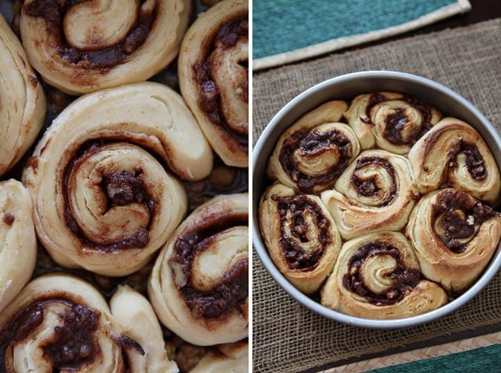 Close up of walnut sticky buns baked in round pan 