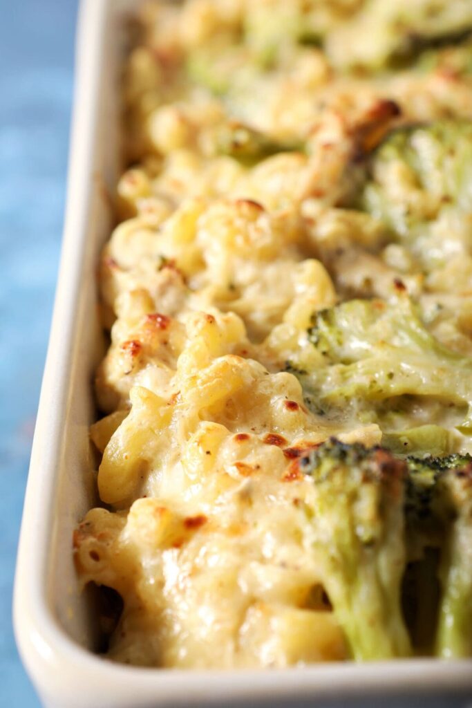 Close up of a baking pan of Chicken Broccoli Macaroni and Cheese