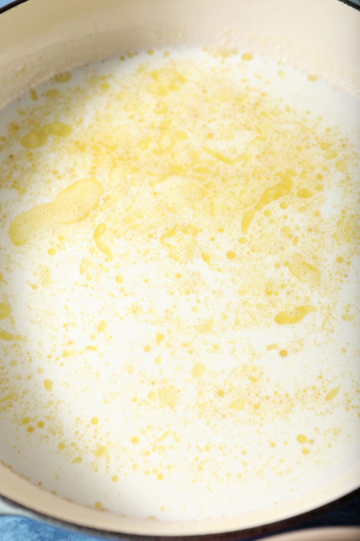 Close up of a blonde roux for macaroni and cheese