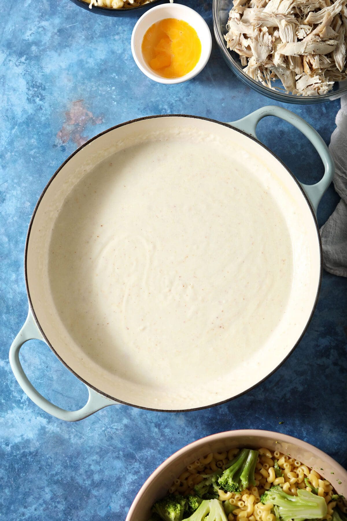 Close up of macaroni and cheese sauce in a skillet