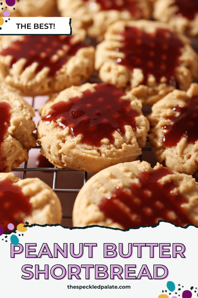 Peanut butter cookies glazed with raspberry on a wire rack with the text peanut butter shortbread