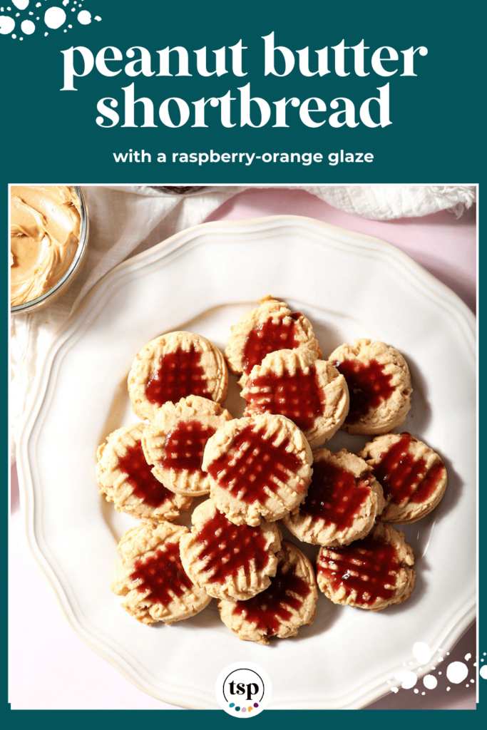 A platter of Peanut Butter Cookies with raspberry glaze with the text peanut butter shortbread with a raspberry-orange glaze