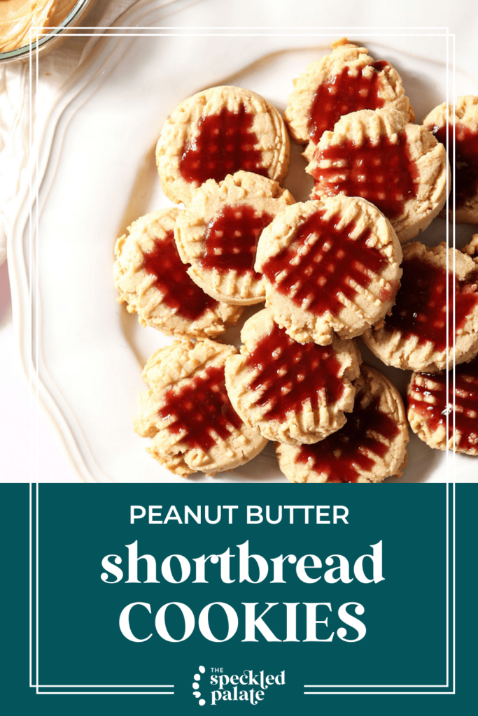 A platter of Peanut Butter Cookies with raspberry glaze with the text peanut butter shortbread cookies