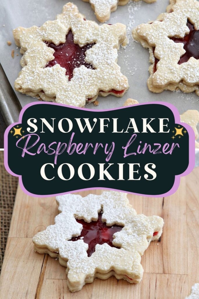 Collage of two images showing snowflake shaped sandwich cookies with the text snowflake raspberry linzer cookies