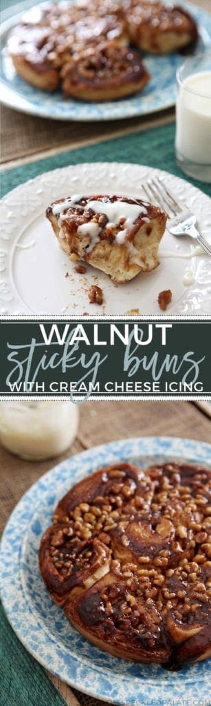 Decadent Walnut Sticky Buns, chock full of brown sugar, maple syrup and walnut goodness, are topped with a delightful Cream Cheese Icing to make the perfect plan-ahead holiday morning treat.