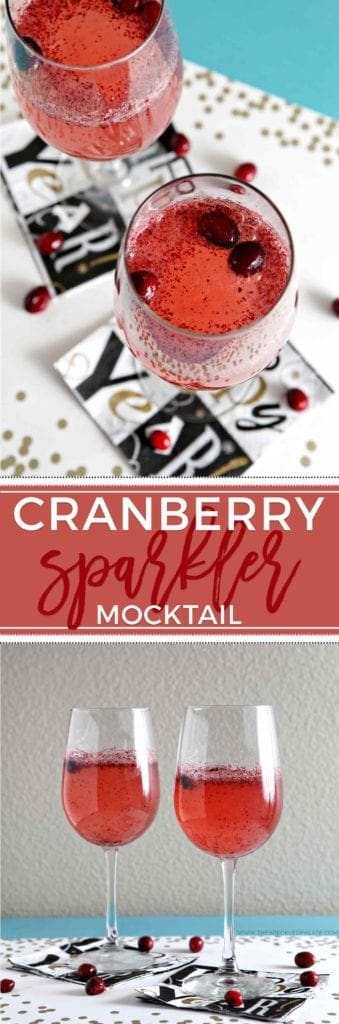 Two glasses of sparkling cranberry mocktails on new year's eve napkins 