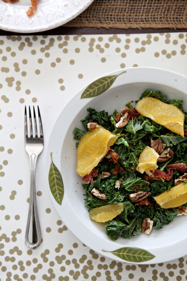 Start off the new year with a healthy Mandarin Kale Salad, made with fresh mandarin oranges, kale, toasted pecans, bacon and an orange vinaigrette.