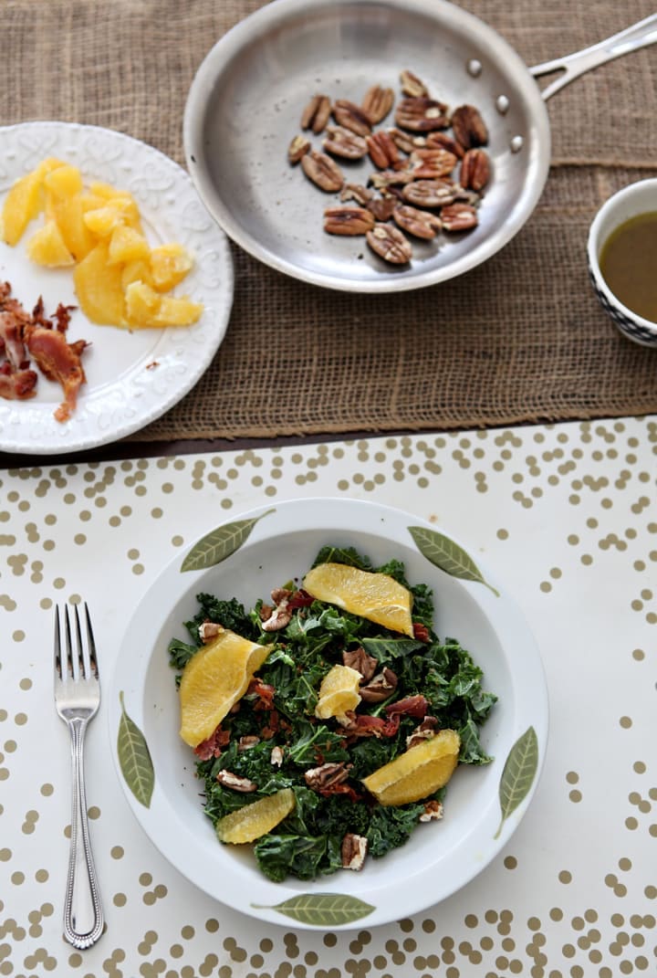 Start off the new year with a healthy Mandarin Kale Salad, made with fresh mandarin oranges, kale, toasted pecans, bacon and an orange vinaigrette.