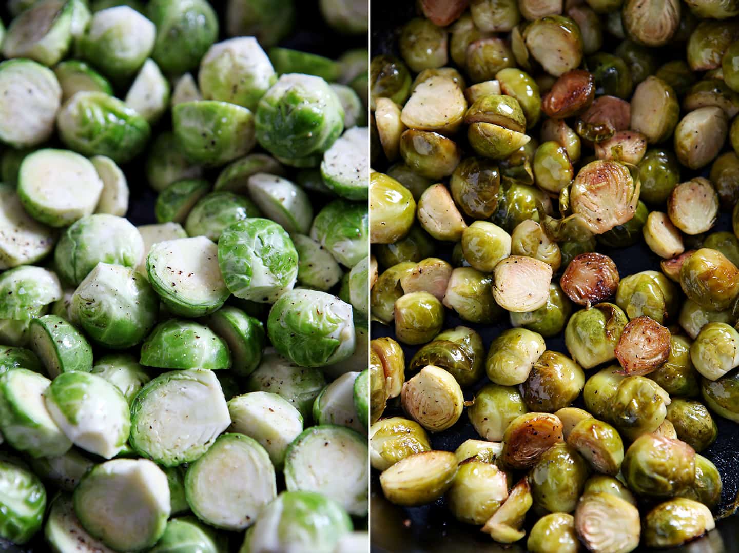 A collage of two image side by side showing Brussels sprouts before and after roasting