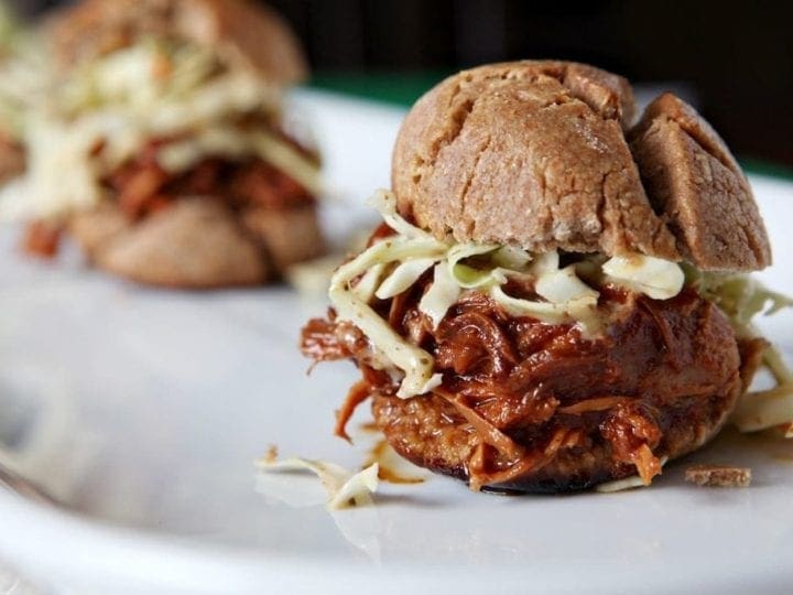 Slow Cooker BBQ Chicken Sandwiches with Mustard Coleslaw // @speckledpalate