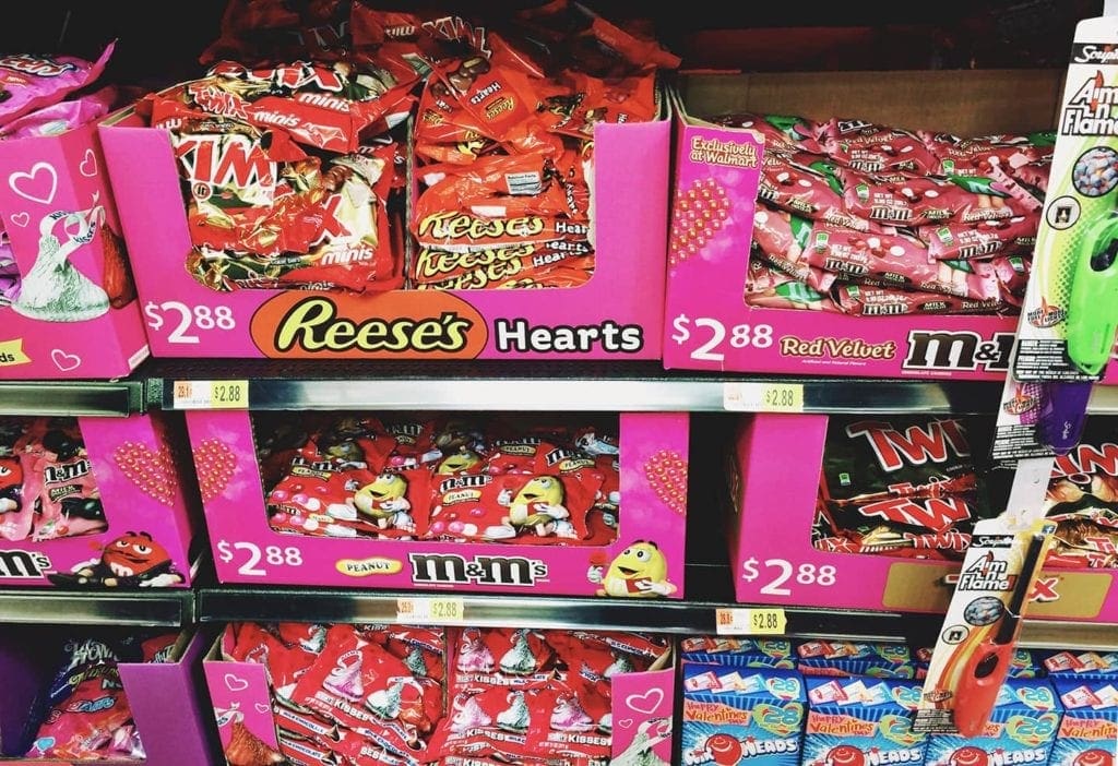 Valentine's Day candy aisle at grocery store 