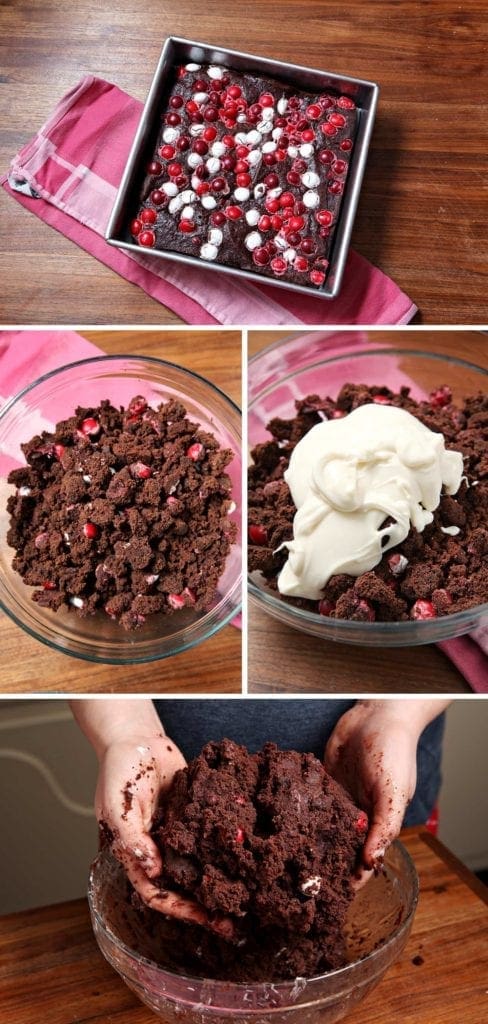 Bowls and tray of making m&m's red velvet brownie pops 