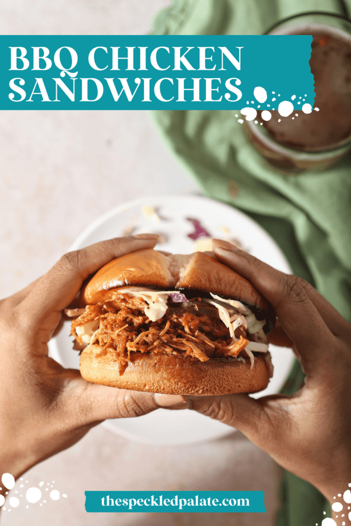 A woman holds a BBQ chicken sandwich above a plate with the text bbq chicken sandwiches