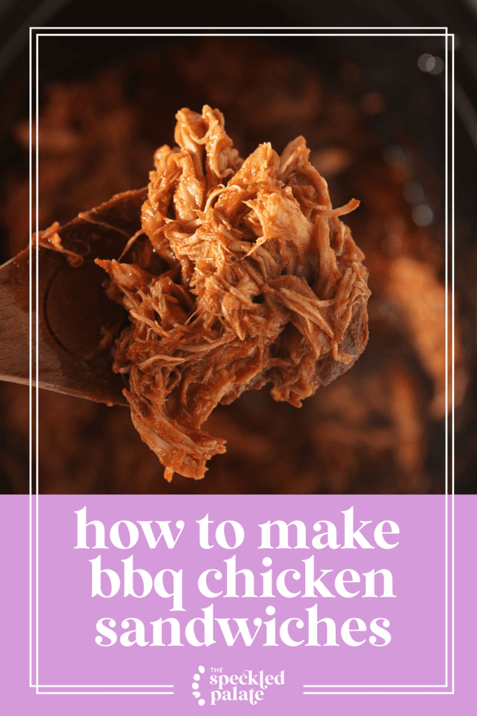 Shredded BBQ chicken on a spoon above a slow cooker with the text how to make bbq chicken sandwiches