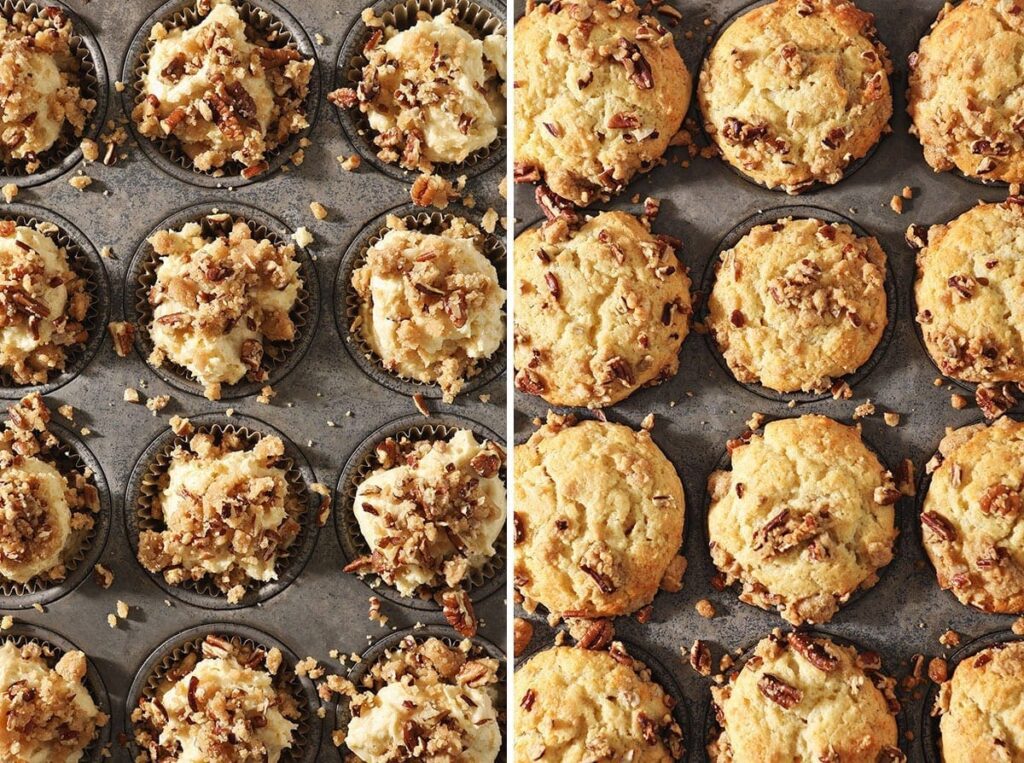 A collage of two images showing Coffee Cake Muffins in a tin before baking and after