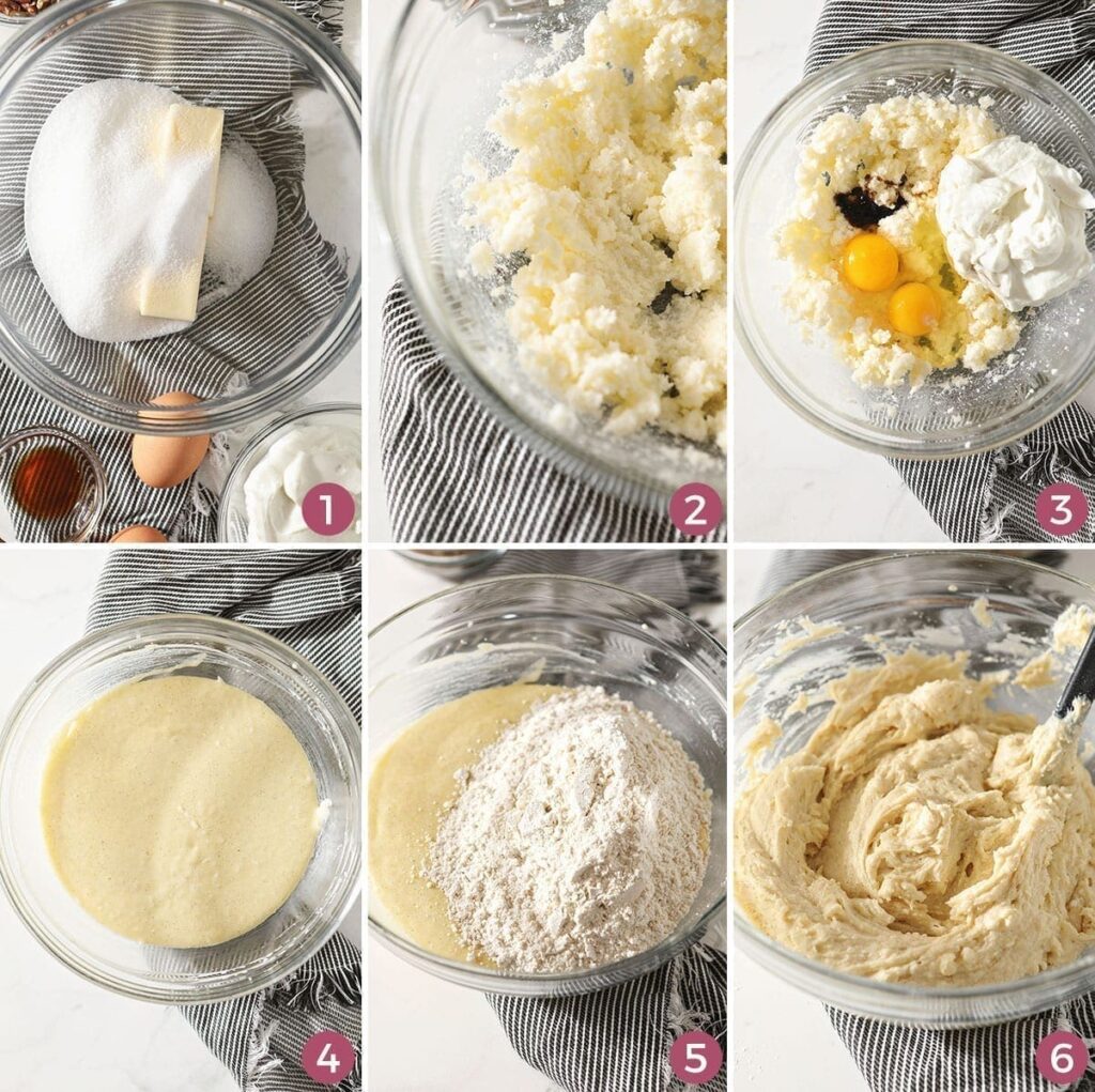 A collage of six images showing how to make vanilla muffin batter